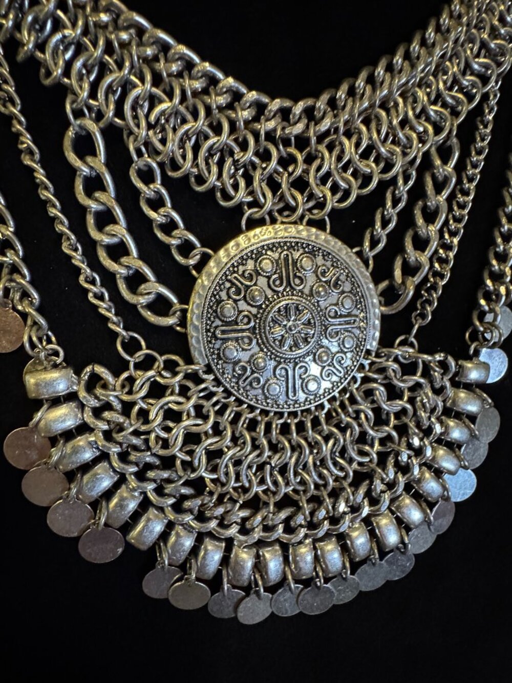 Boho Layered Statement Necklace – Silver Tone Coin & Chain Bib Necklace – Adjust - Picture 4 of 7